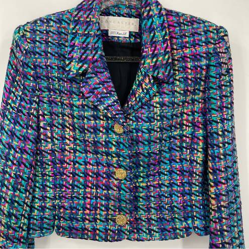 Doncaster Vintage 80s  Silk Multicolored Crop Blazer Size 6 Statement Gold Button