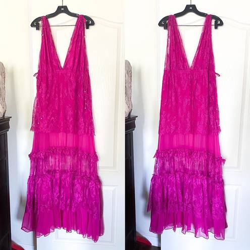 Alexis Dress Umbria Tiered Lace Tulle Silk Maxi Wedding Pink Fuchsia XS GUC