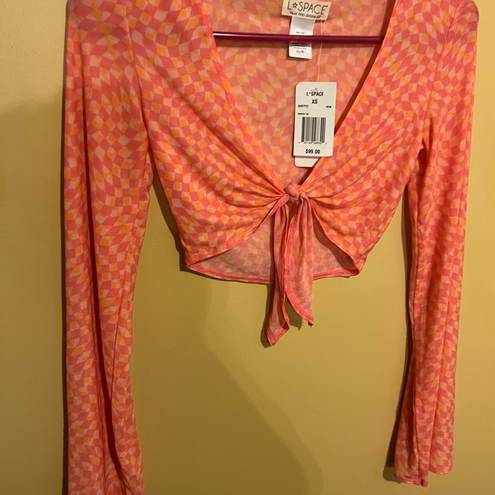 l*space L* Cover Up Bandera Top Sheer Mesh Tie Front Pink/Orange Size XS