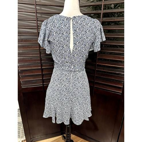 The Row  A Women's Blue Floral Faux Wrap Tie Waist Short Sleeve Dress S NWOT