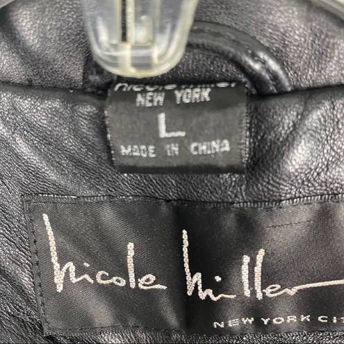 Nicole Miller  Classic Black 100% Genuine Leather Lined Trench Coat, Size Large