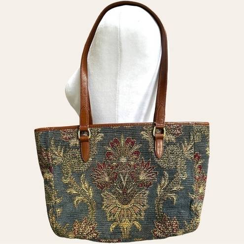 Talbots Vintage  purse tote bag floral embroidered leather handles knit blue‍‍‍