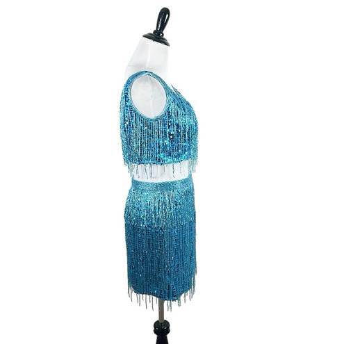 Jovani  Fringe Dress Blue Two Piece Sequin Mini Skirt Set