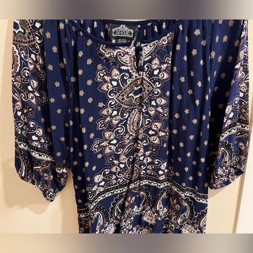 Angie  Size Large Navy Blue 3/4 sleeve Paisley 100% Rayon Blouse