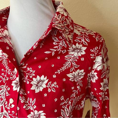 Coldwater Creek  red white Hawaiian floral shaped button down shirt NEW M petite