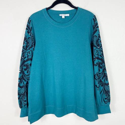 Chico's  Zenergy Sequined French Terry Scrolls Sweatshirt in Peacock Teal