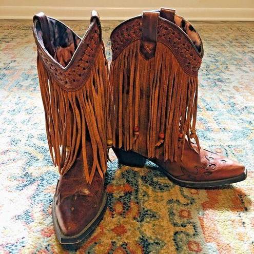 Dingo  Brown Leather Cassidy Cowboy Western Fringed Braided Wood Beads Boots 8