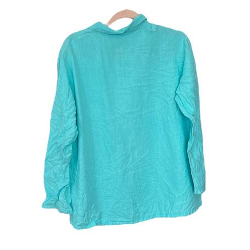 Bryn Walker  Lagenlook 100% Linen Aqua Blue Button Up Blouse | Small