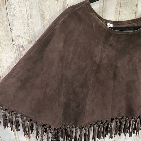 Vera Pelle  Brown Suede Leather Fringe Boho Cape Poncho Western Italian