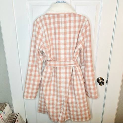 Aura  It's A Look Light Pink Plaid Coat Tie Double Breast Pearl Button M J NWT