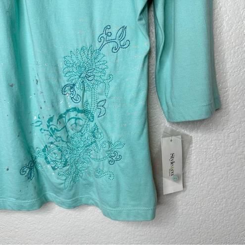 Style & Co NWT  Green Embroidered Henley 3/4 Sleeves Top