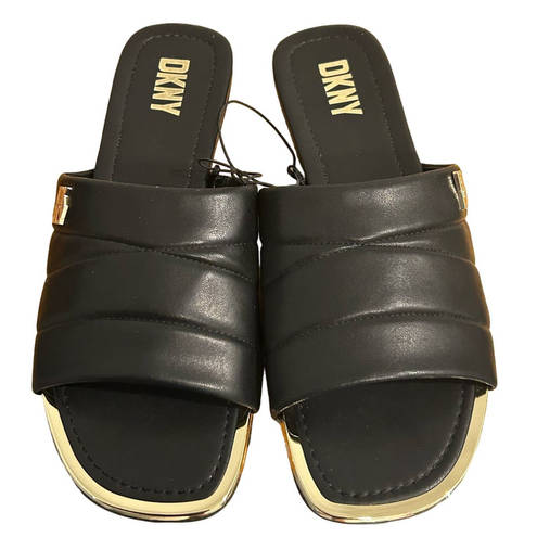 DKNY  Logo Flat Slides Womens Sz 8.5M Black Gold Accents Square Toe Faux Leather