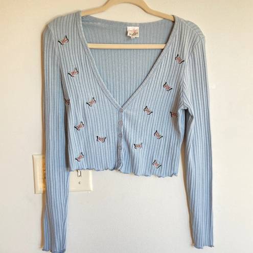belle du jour | Y2K Blue Butterfly Embroidered Cropped Cardigan | Size S