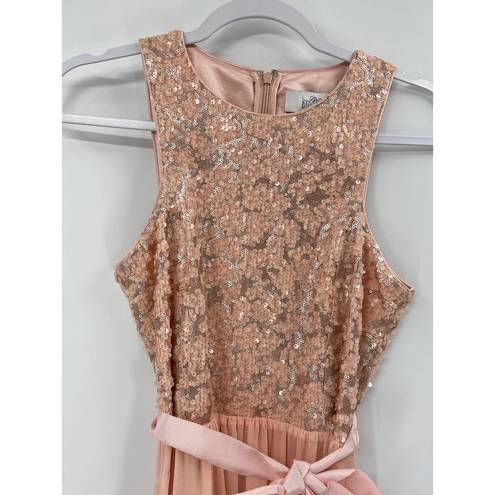 Badgley Mischka Belle  Pink Sequined Chiffon Tie Waist Maxi Formal Gown Size 4