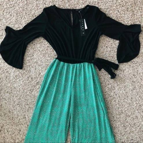 Tiana B . Wide Leg Belted Jumpsuit Black Green White, Size L