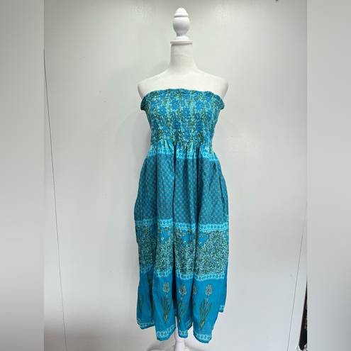 Funky People Turquoise Boho Mixed Floral Smocked Strapless Midi Sundress Large