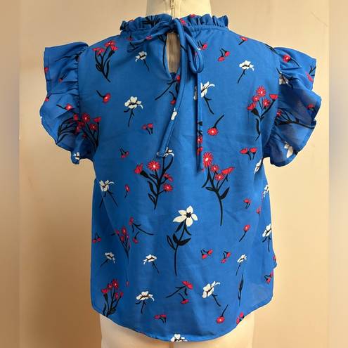 True Destiny Fliral Top Royal Blue with Red and White Flowers Key Hole Top sz XL