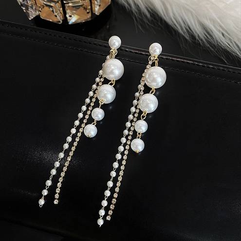 Elegant White Pearl Long Dangle Drop Earrings for Women Gold