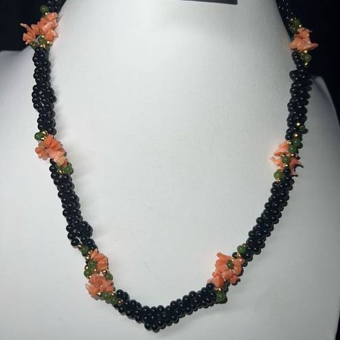 Onyx Vintage Black  Coral & Jade Bead Necklace