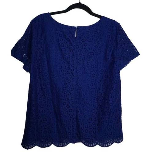 J.Crew  Women's Blue Geometric Lace Lined Sz 8 Short Sleeve Blouse‎