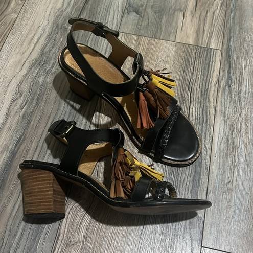 Isabel Marant  Black Brown Yellow Orange Tassel Chunky Heel Sandals Leather Sz 8