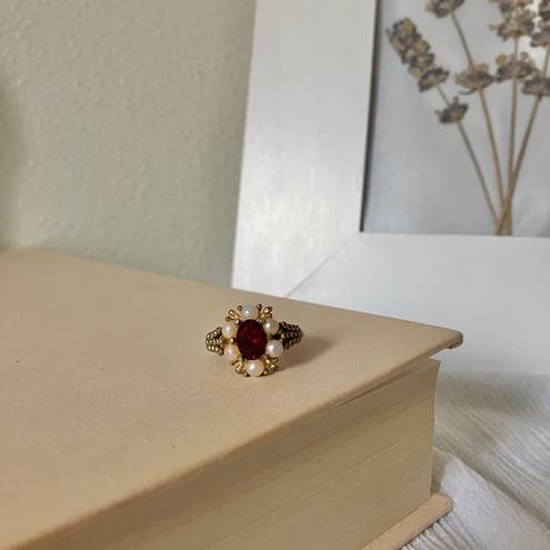 Vintage “Edvarda” Avon Ruby Pearl Gold Ring Victorian Gothic Edwardian Glam Jewelry Red