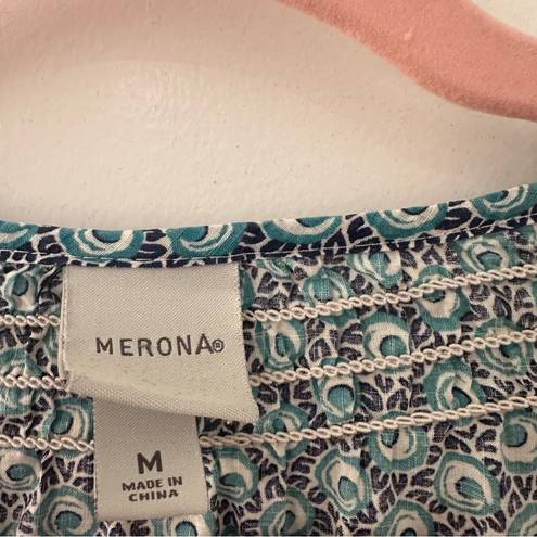 Merona  Flutter Sleeve Tie Neck Shirt Blouse Top Blue Green White Size Medium M