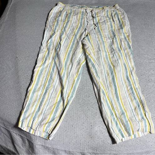 Coldwater Creek  Yellow Cream Blue Vertical Stripe 100% Linen Pull On Summer Pant