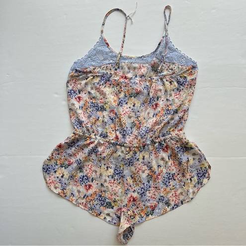 In Bloom by jonquil Pajama Romper Light Blue Lace Tie Floral Spaghetti Strap Med