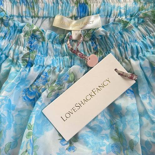 Love Shack Fancy  Ruffle Mini Silk Skirt Floral Rainbow Clouds NWT Size P