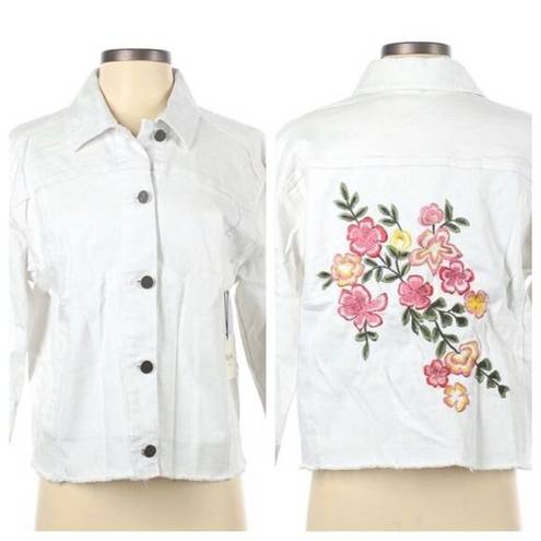 Rafaella  Weekend floral Embroidery white denim 3/4 sleeved jacket sz Large