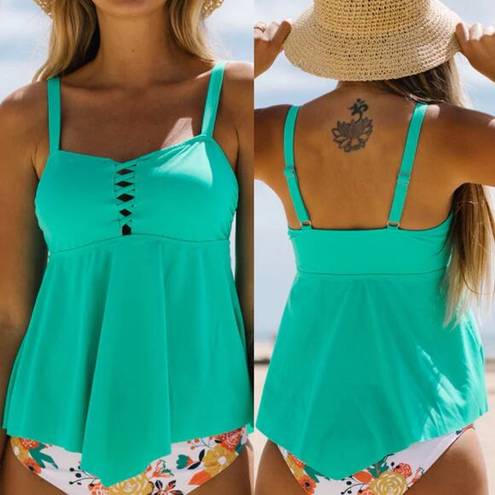 Beachsissi  Ruffle Hem Cross Front Tankini Teal XL New