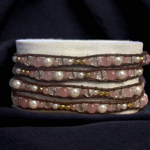 Victoria Emerson Rose Quartz And Pearl Leather Wrap Bracelet