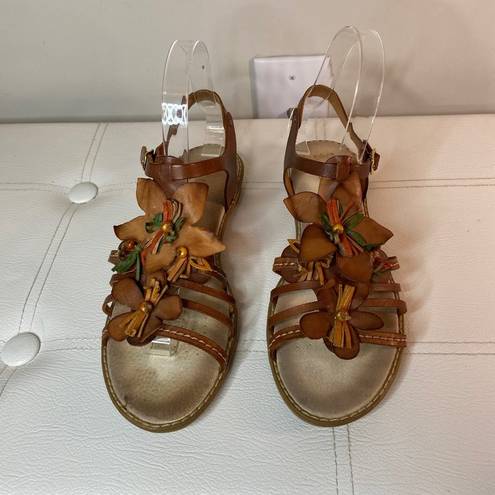 Vera Pelle  Brown Leather Floral Gladiator Sandals Sz 38