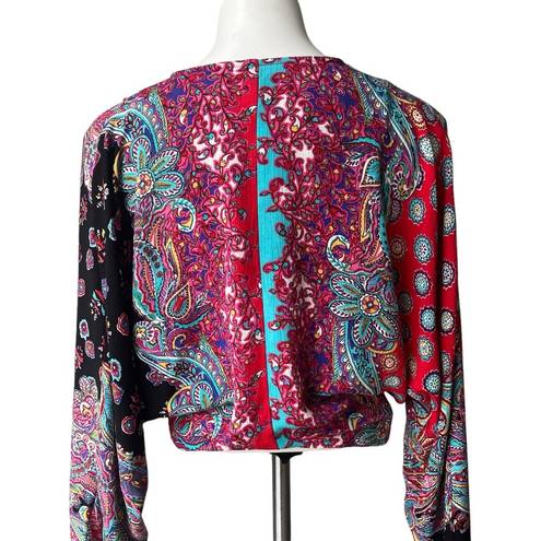 Carole Little  Paisley Boho Blouson Faux Wrap Dolman Sleeve Top, Sz 16