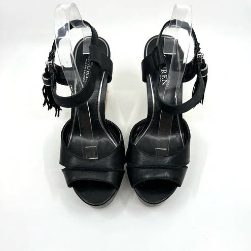 Ralph Lauren  Gwen Black Leather Ankle Strap Wedge Sandals Women's 9 US