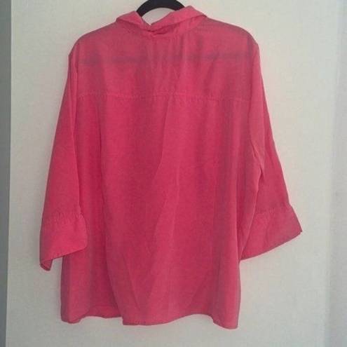 Blair  Pink 1/2 Sleeve Collared V Neck Button Down Blouse Semi Sheer