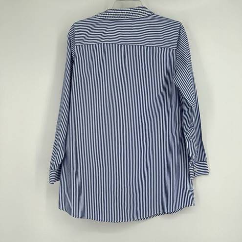 Chico's  1 Size M No Iron Button Front Tunic Top Blue Stripe Bedazzled Collar