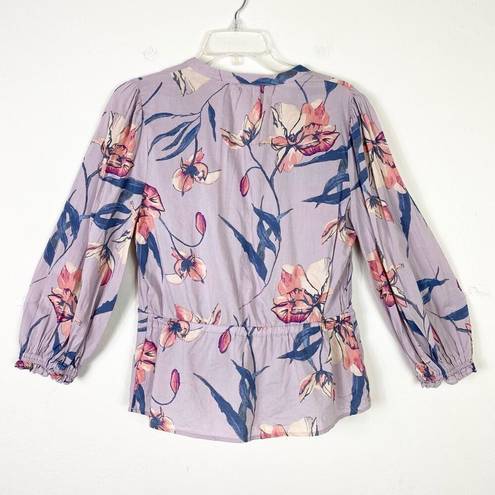 A New Day  Lavender Floral Tie Waist Notch Neck Long Sleeve Blouse Shirt Top Sz S