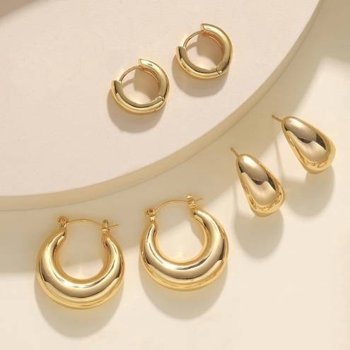 Gold Hoop Earrings| 3 Pairs| 14K Gold Plated| Lightweight| Hypoallergenic| Hoops