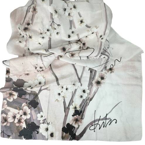 White House | Black Market  100% Silk Floral Scarf Cherry Blossom Pink Gray 71 x 21