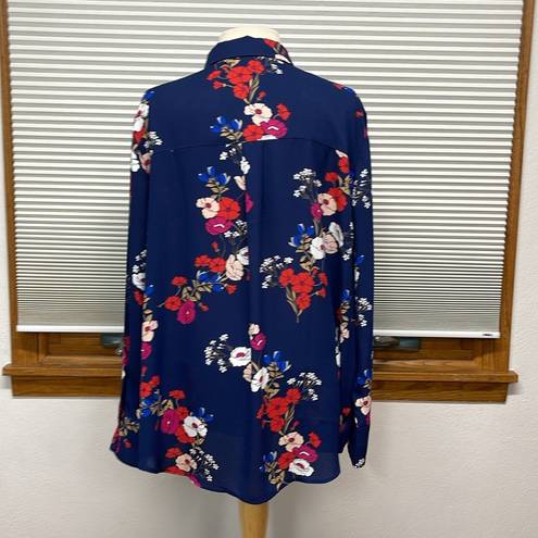 Popsugar  Blue Floral Print Long Sleeve Button Down Blouse Size 1X