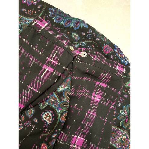 Black Rainn  - Roll Tab Sleeve V Neck Pullover Blouse Purple Black Plaid - Medium