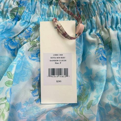 Love Shack Fancy  Ruffle Mini Silk Skirt Floral Rainbow Clouds NWT Size P