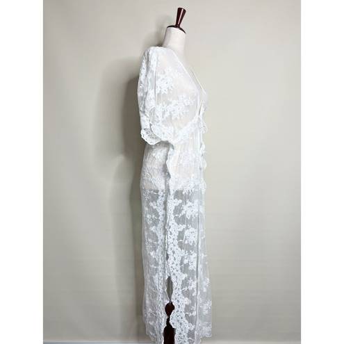 Edge UNBRANDED | Floral Lace Kimono Sleeve Cover Up White Scalloped  Tie Waist OS