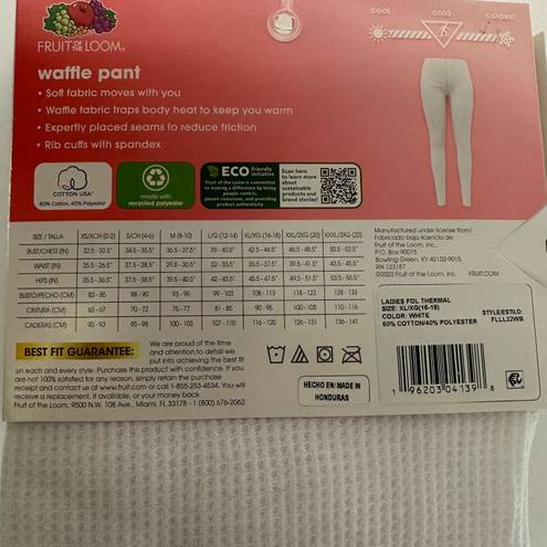 Fruit of the Loom Women’s XL 16-18  White Thermal Waffle Pants