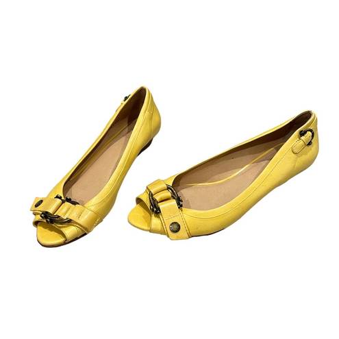 Frye Wedges  Yellow Leather Buckle Detail Peep Toe Wedges, Sz 8