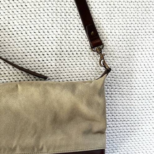 L.L.Bean  Khaki Waxed Canvas Brown Leather Trim Bottom Adjustable Crossbody Bag