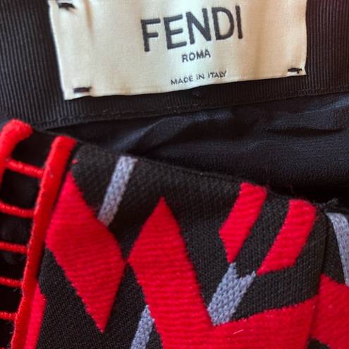 Fendi Authentic  Midi Pencil Skirt Size 38 Wool Silk Red Black Block Design