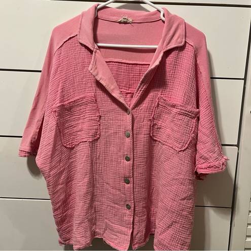 POL  Short Sleeve Button Up Bubblegum Pink